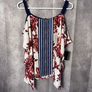 NWT Heartsoul Womens Medium Blue Floral Boho Cold Shoulder Top 4th‎ of July